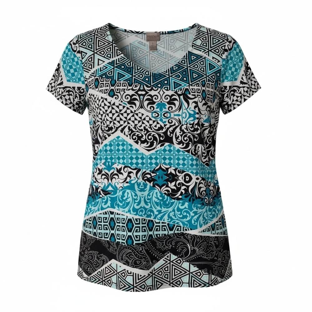 VTG Y2K Chico's Easywear Teal/Black/White Geometric Print Short Sleeve Blouse